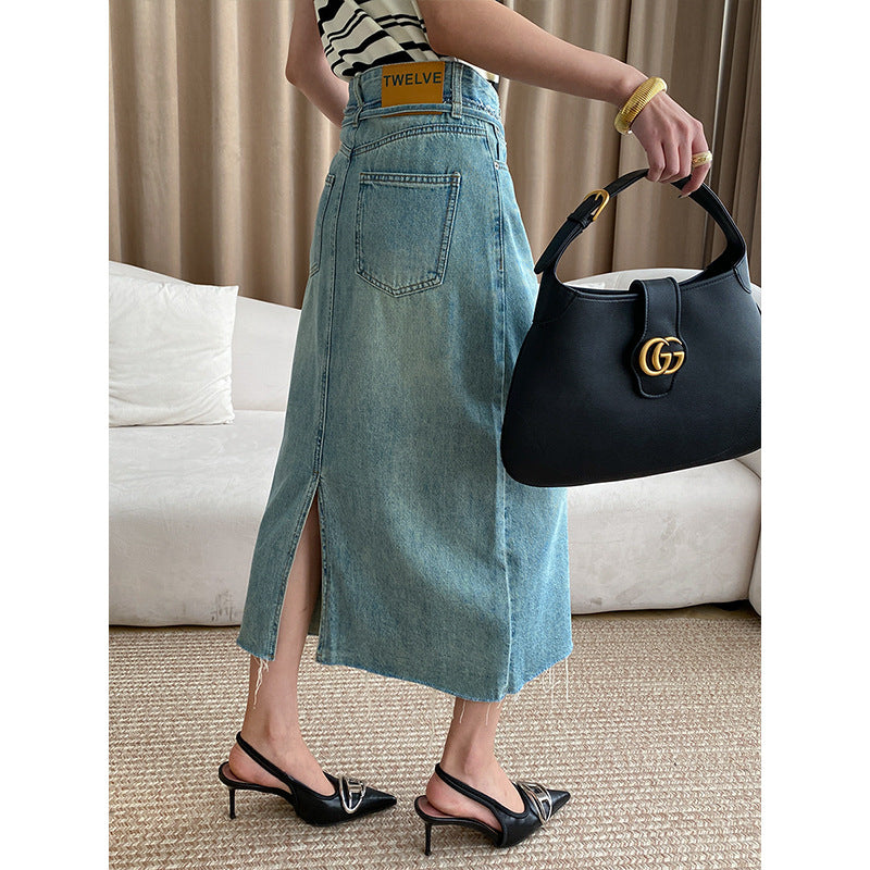 Damen Midi-Jeansrock mit verstellbarem Taillenband und seitlichen Eingrifftaschen Drune