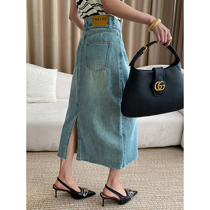 Damen Midi-Jeansrock mit verstellbarem Taillenband und seitlichen Eingrifftaschen Drune