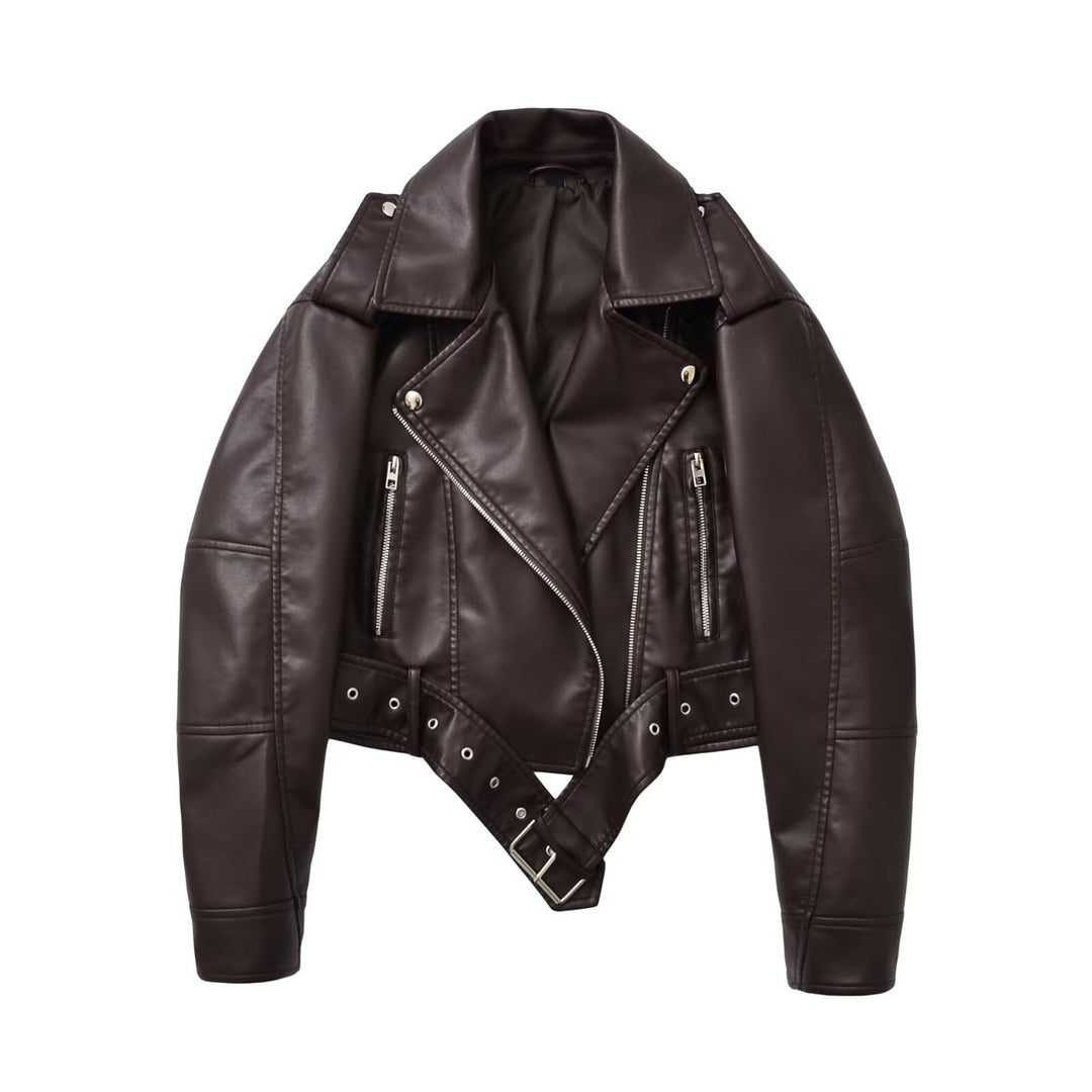 Damen taillierte Kunstleder-Bikerjacke mit Gürtel Drune