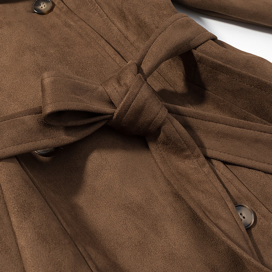 Damen Kurz-Trenchcoat in Wolloptik Doppelreiher mit Taillengürtel Drune