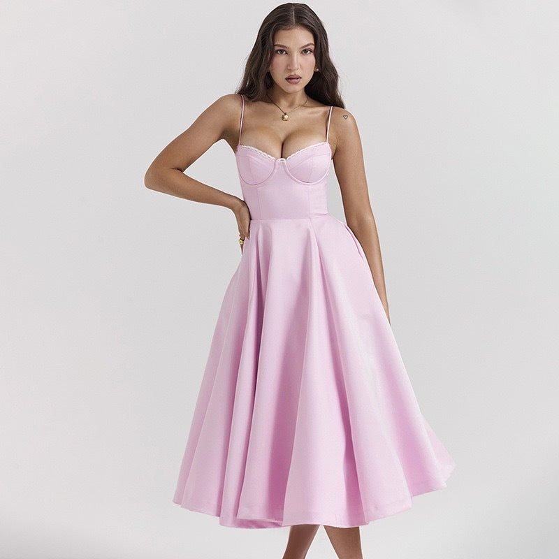 Damen Elegantes Satin Abendkleid mit schwingendem Rock und verstellbaren Spaghetti-Trägern Drune