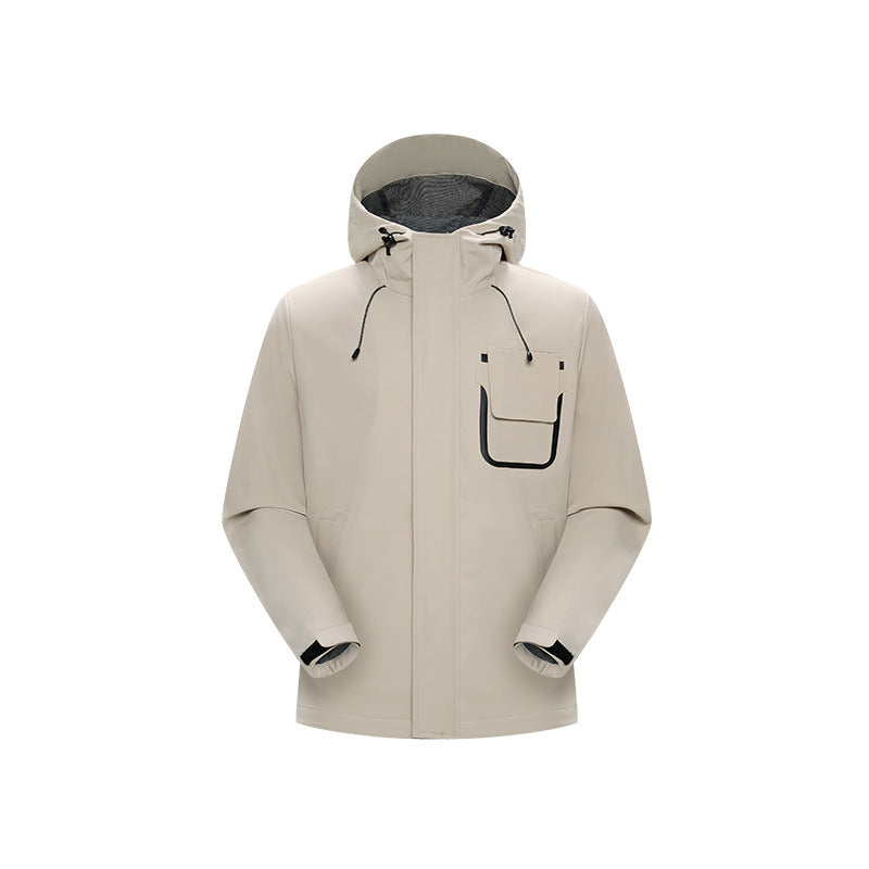 Herren Technische Funktionsjacke mit Kapuze, wasserabweisendem Softshell und Brustklappen-Tasche Drune