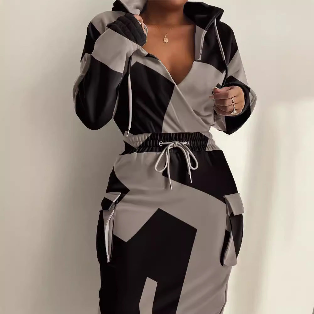 Damen Kapuzen Sweatkleid mit V-Ausschnitt, Kordelzug-Taille und Cargo-Taschen Drune
