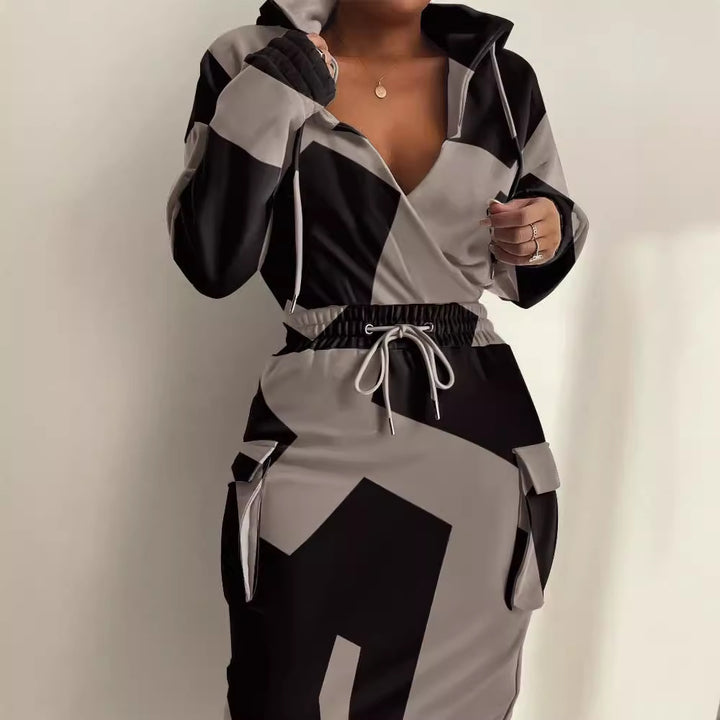 Damen Kapuzen Sweatkleid mit V-Ausschnitt, Kordelzug-Taille und Cargo-Taschen Drune