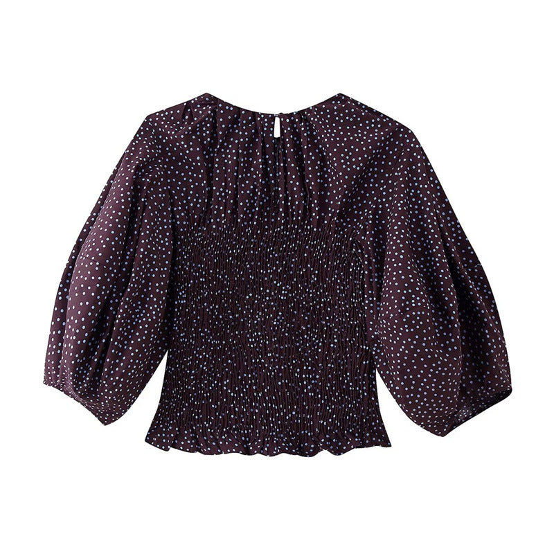 Damen gerafftes Polka‑Dot Oberteil mit elastischem Smock‑Korpus, Ballonärmeln und Volantsaum Drune