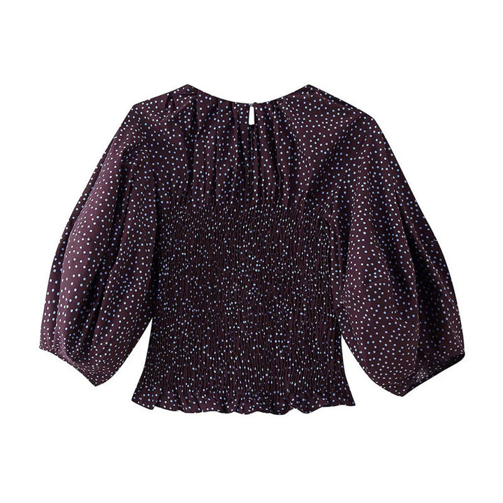 Damen gerafftes Polka‑Dot Oberteil mit elastischem Smock‑Korpus, Ballonärmeln und Volantsaum Drune