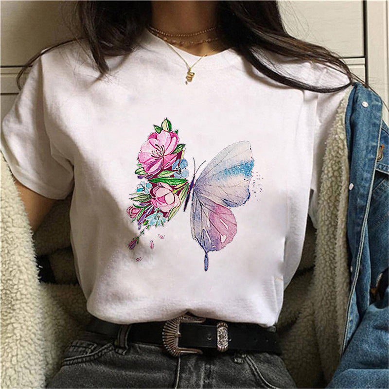 Damen V-Ausschnitt T-Shirt mit floralem Schmetterlingsdruck Drune