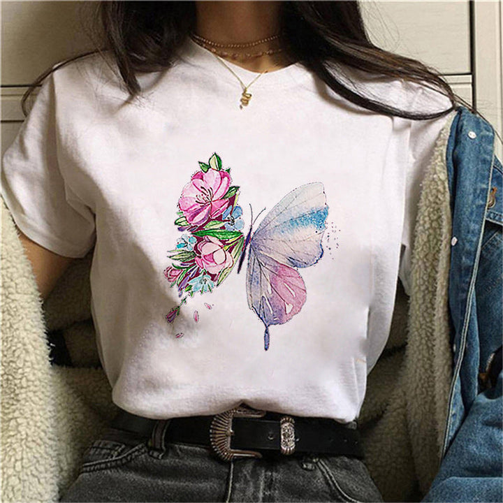 Damen V-Ausschnitt T-Shirt mit floralem Schmetterlingsdruck Drune
