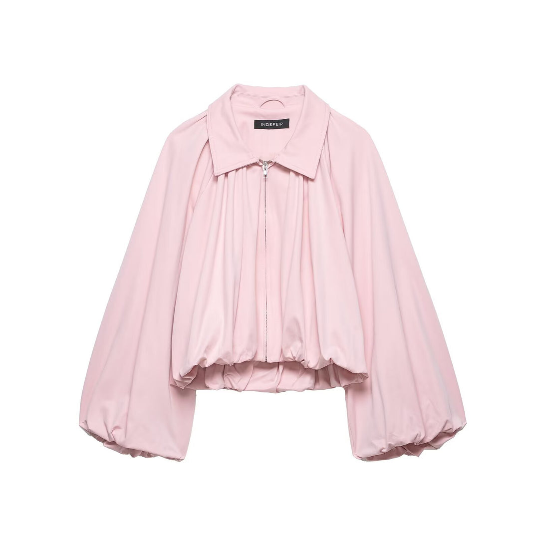 Damen Cropped-Blouson mit Ballonärmeln, Hemdkragen und elastischem Saum Drune