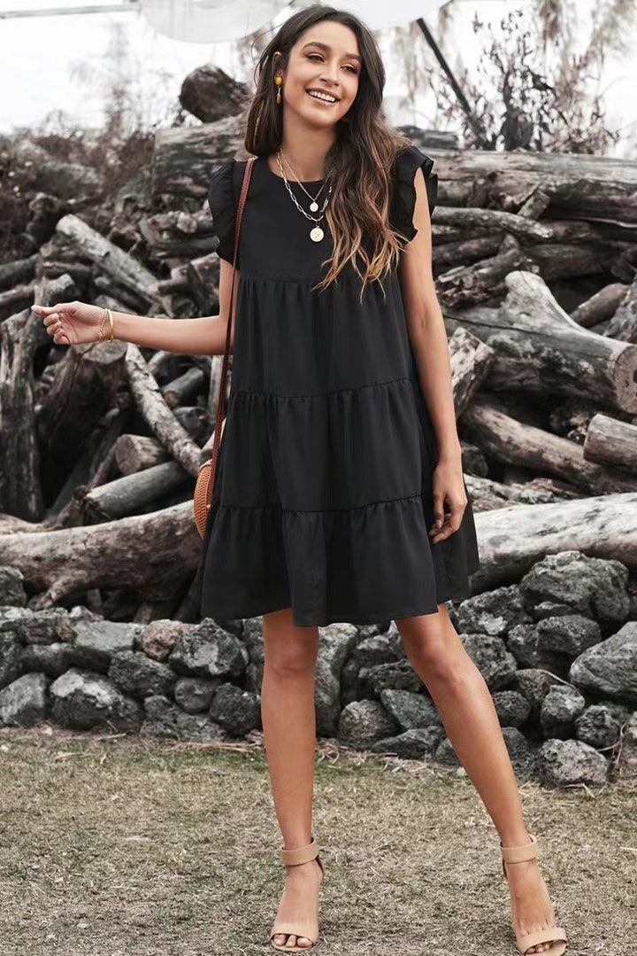 Damen Stufen-Kleid mit Rüschenärmeln und lockerem A‑Linien-Schnitt Drune