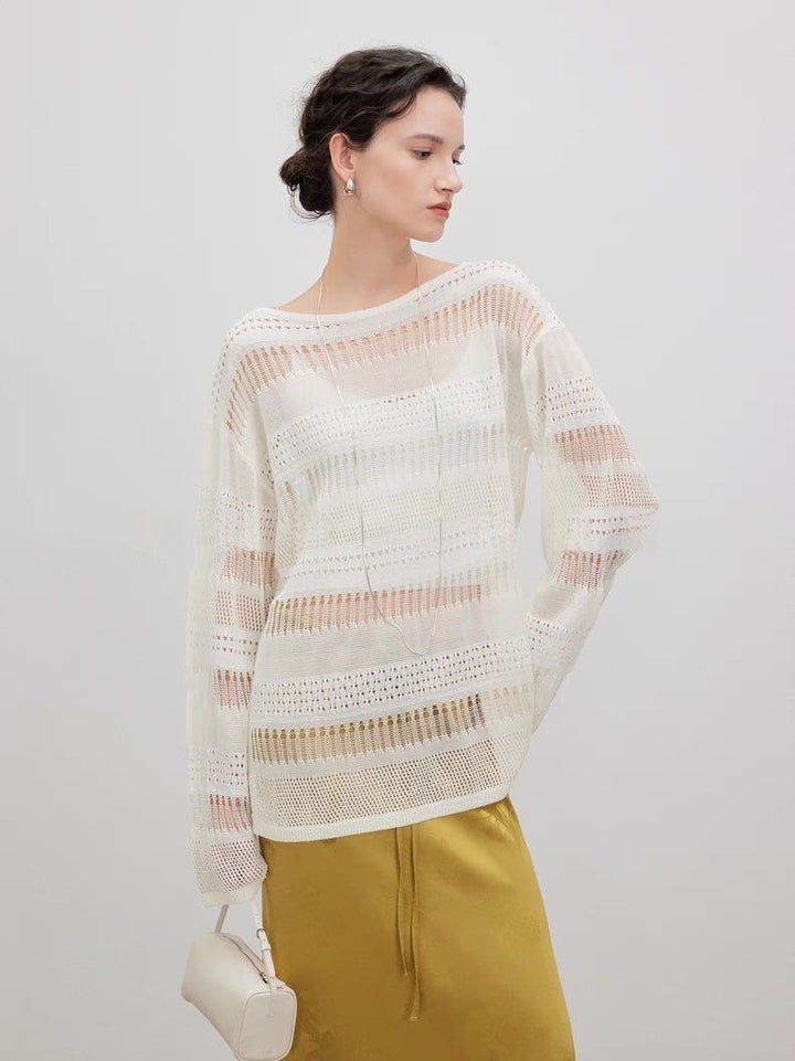 Damen luftiger Strickpulli mit trendy Lochmuster Drune