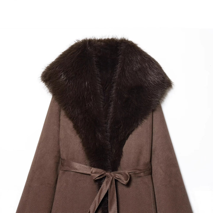 Damen Langer Lammfellimitat-Mantel mit Kapuze, Bindegürtel und Faux‑Fur‑Besatz Drune