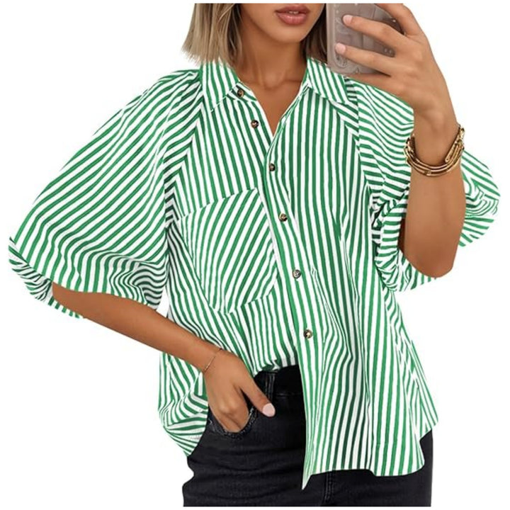Damen Oversize Hemdbluse mit Ballonärmeln und vertikalem Streifenmuster Drune