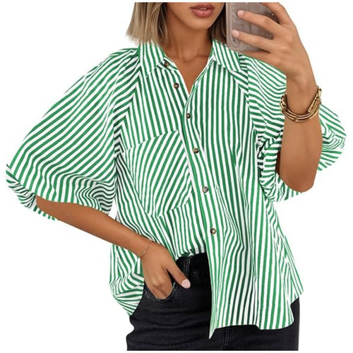 Damen Oversize Hemdbluse mit Ballonärmeln und vertikalem Streifenmuster Drune