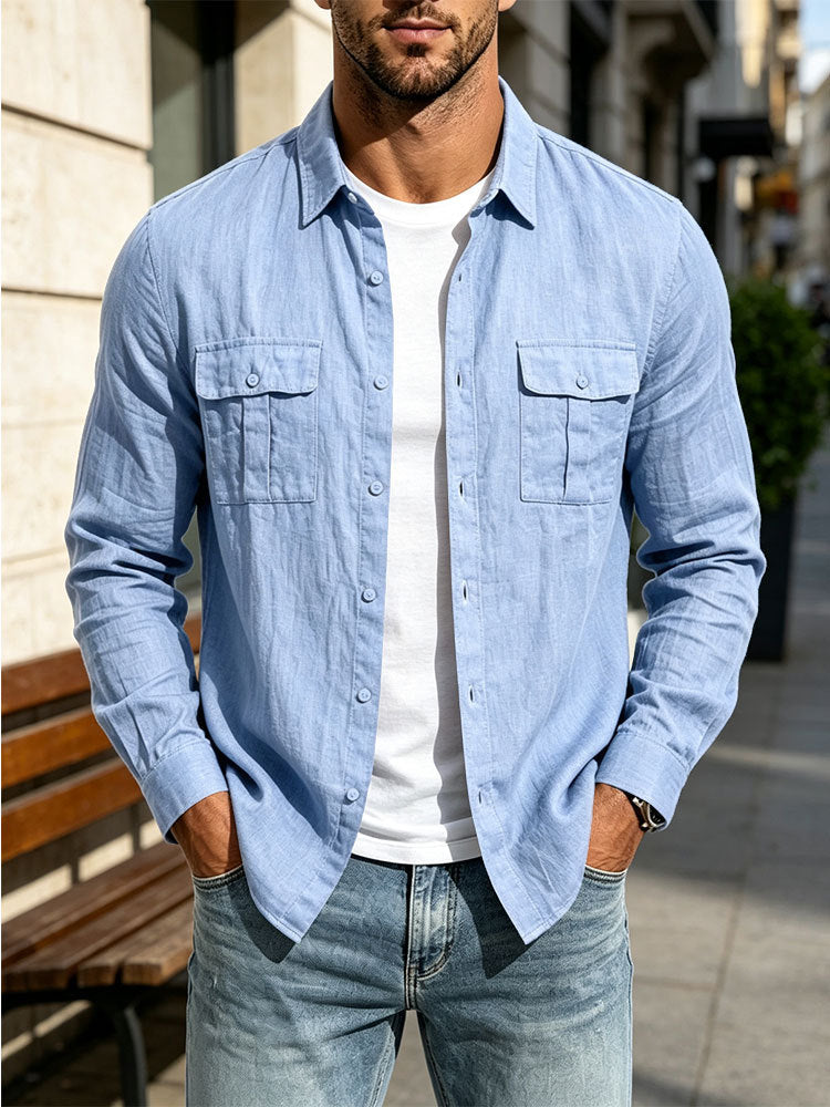 Herren Leichte Hemdjacke aus Baumwoll-Leinen mit Brusttaschen und lockerer Passform Drune