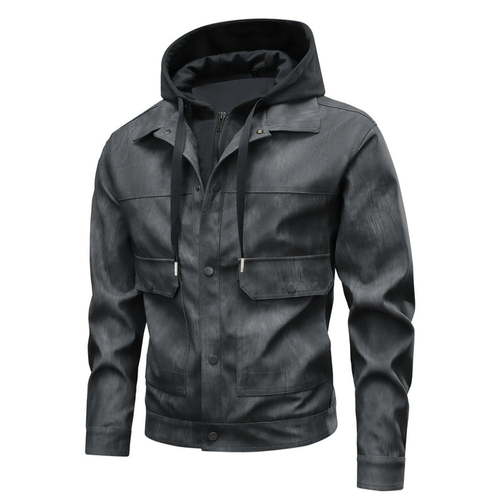 Herren Modische Kunstlederjacke mit Hoodie Drune