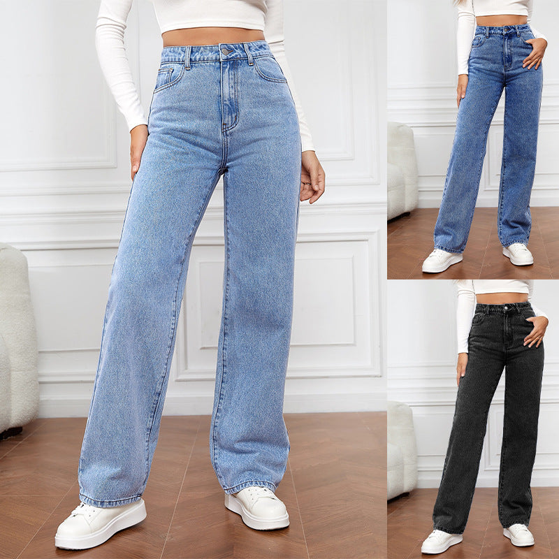 Damen Hohe Taille Jeans im Vintage-Stil mit weitem Bein Drune