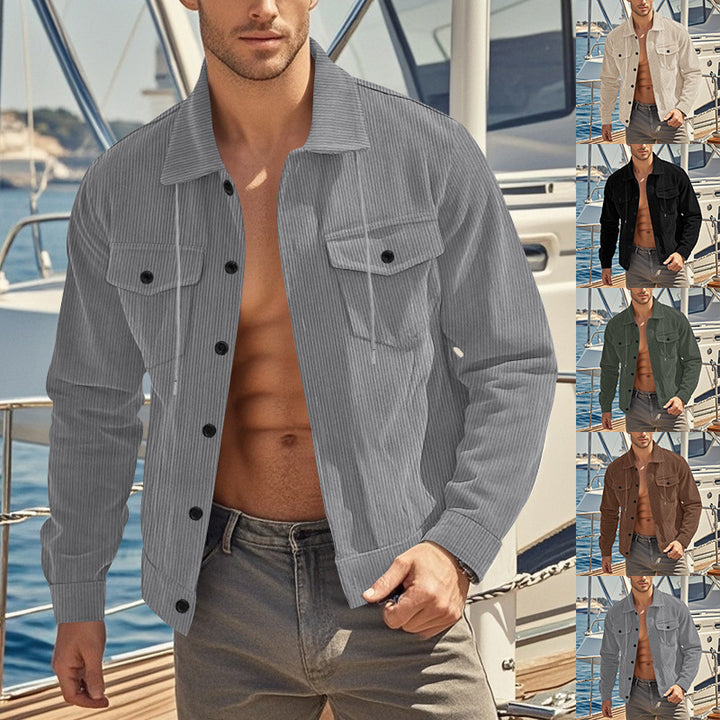 Herren nan lässige fein gerippte Cordjacke mit Stehkragen, Brusttaschen und elastischem Saum Drune