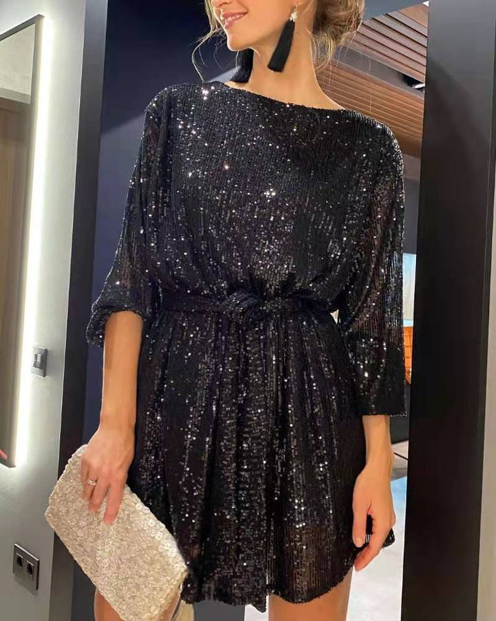 Damen Glamouröses Cocktailkleid mit funkelnden Lurex-Fäden und elastischem Taillengürtel Drune