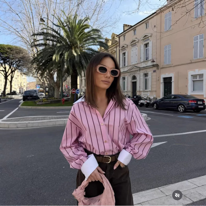 Damen Gestreifte Oversize-Bluse mit kontrastkragen und Manschetten Drune