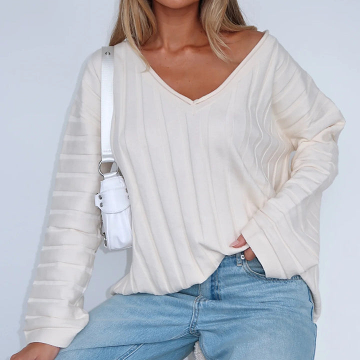 Damen lässiger Pullover mit V-Ausschnitt und Streifenmuster Drune