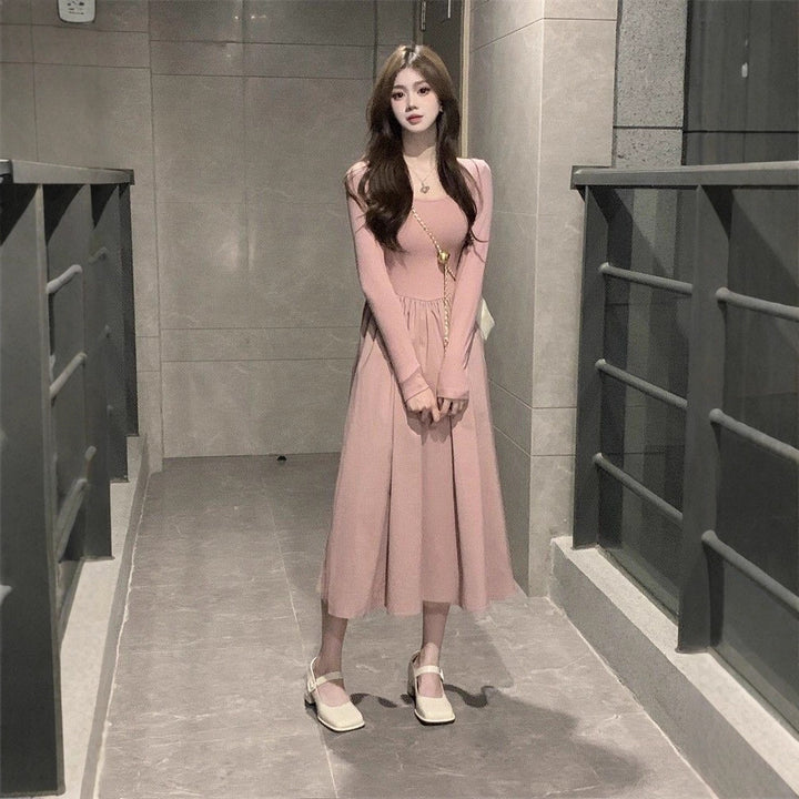Damen langärmliges Midi-Kleid mit schwingendem Rock und dekorativen Puffärmeln Drune