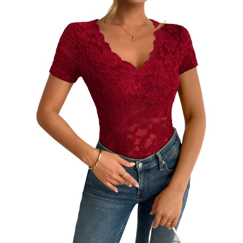 Damen Spitzen-Bodysuit mit dekorativem V-Ausschnitt Drune