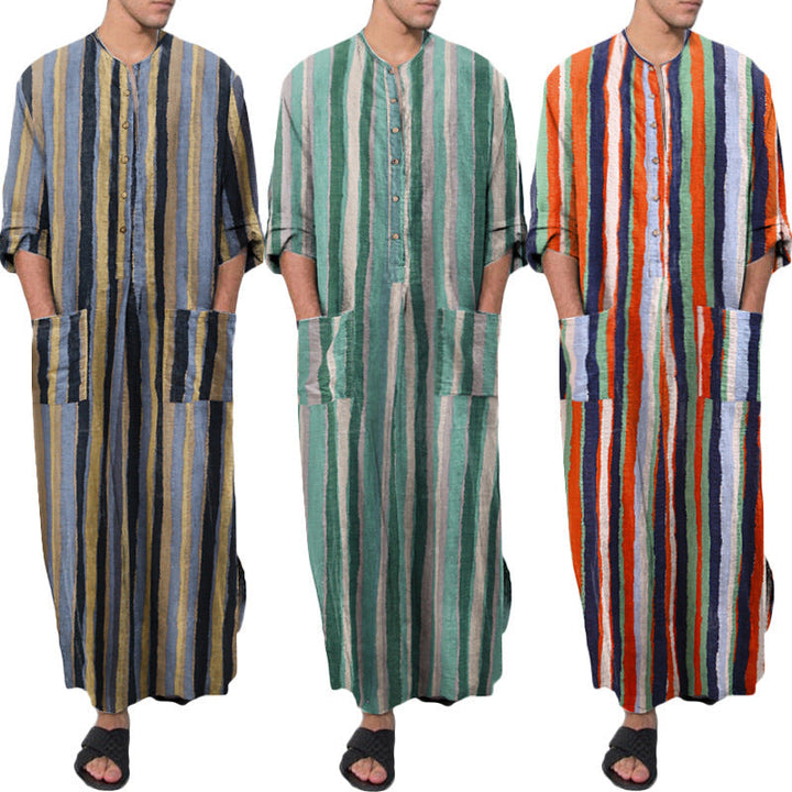 Herren nan lockerer Kaftan aus Leinenmischung mit Knopfleiste und aufgesetzten Taschen Drune
