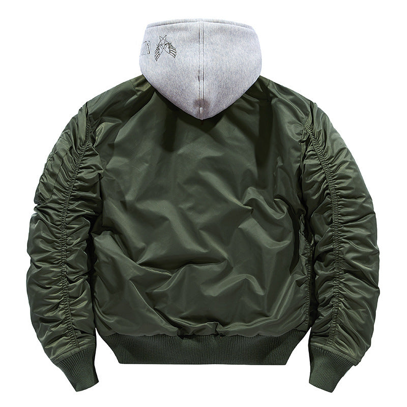 Herren Pilot-Bomberjacke mit abnehmbarem Kapuzen-Doppellayer, wattierter Thermofütterung und Ärmeltasche Drune