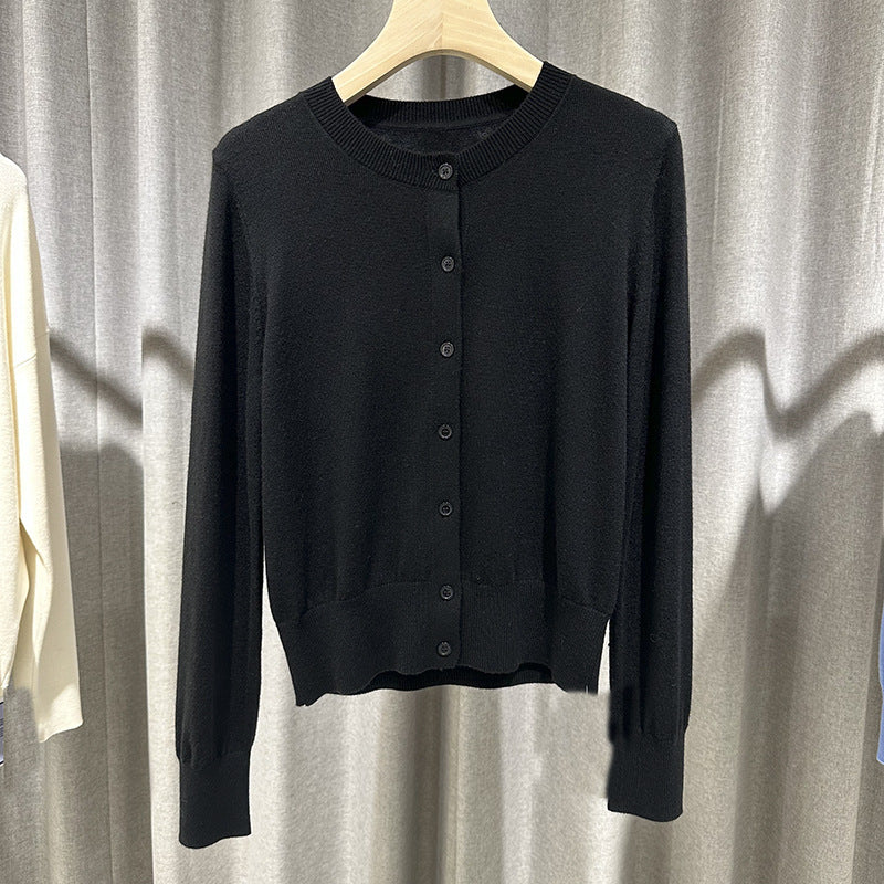 Damen Feiner Rundhals-Feinstrick-Cardigan mit schmaler Silhouette & verlängerten Bündchen Drune
