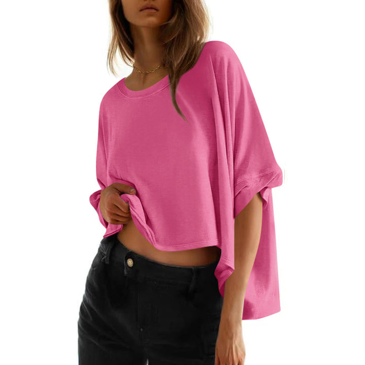 Damen lässiges cropped Oberteil mit weiten Ärmeln und Rundhalsausschnitt Drune