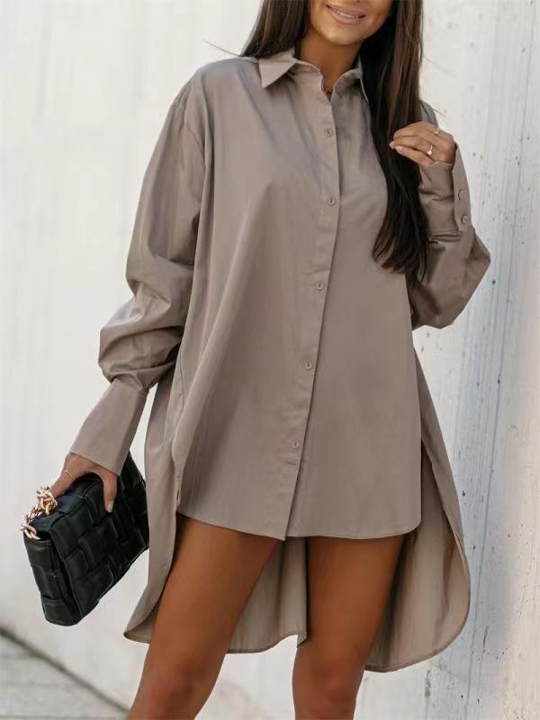 Damen Langarm Hemdblusenkleid mit modernem Schnitt und asymmetrischem Saum Drune