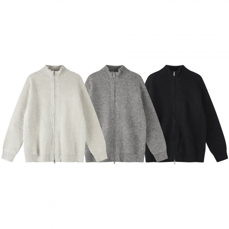 Unisex Grobgestrickter Reißverschluss-Strickcardigan mit Stehkragen und Rippstruktur Drune