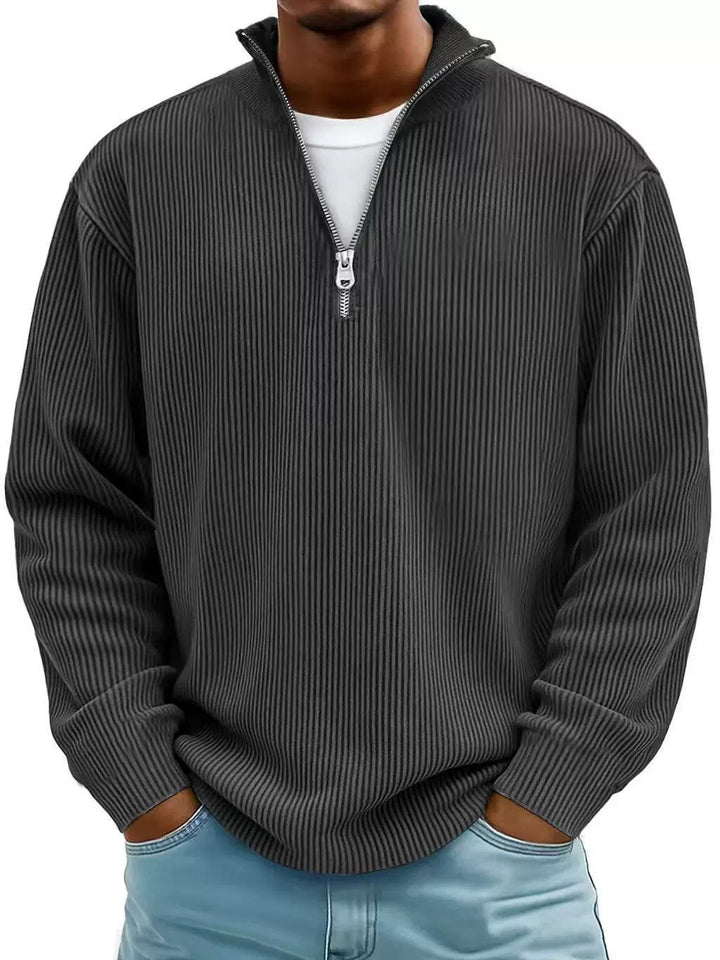 Herren gerippter Strickpullover mit Halbreißverschluss und Stehkragen Drune