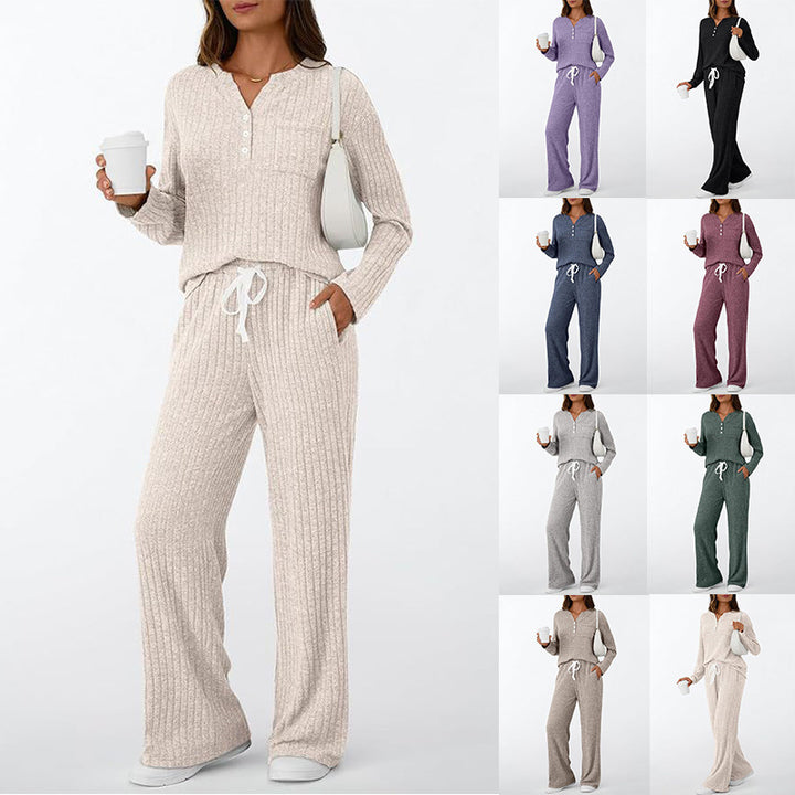 Damen Rippstrick-Lounge-Set mit Knopfleiste und weitem Kordelbund-Hose Drune