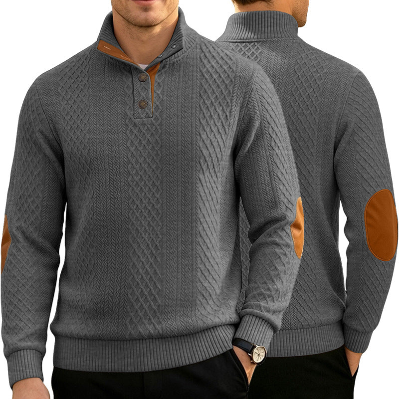 Herren Kabelstrick Troyer Pullover mit Stehkragen und Lederoptik-Ellbogen-Patches Drune