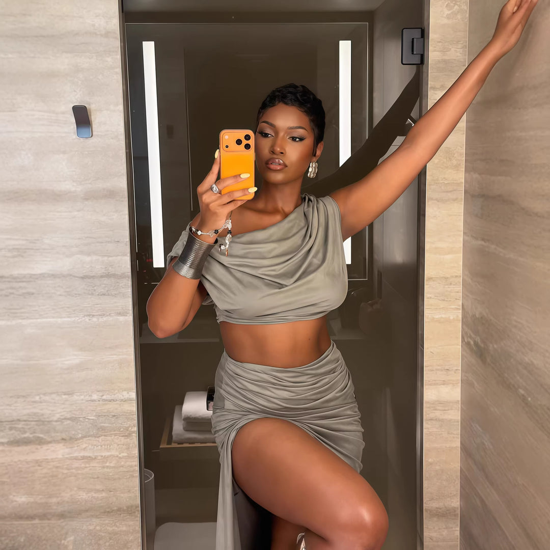 Damen Elegantes Two-Piece Set mit asymmetrischem Oberteil und gerafftem Rock Drune