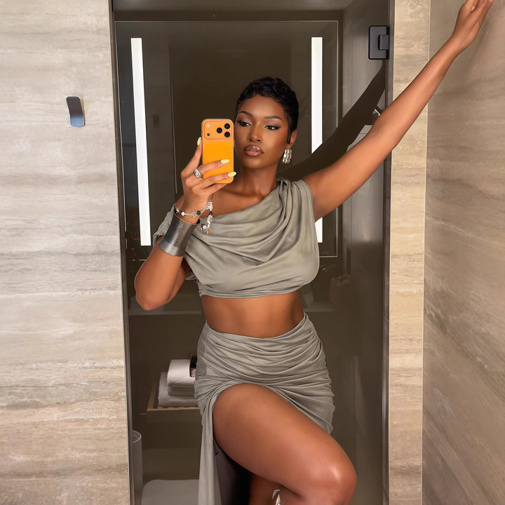 Damen Elegantes Two-Piece Set mit asymmetrischem Oberteil und gerafftem Rock Drune