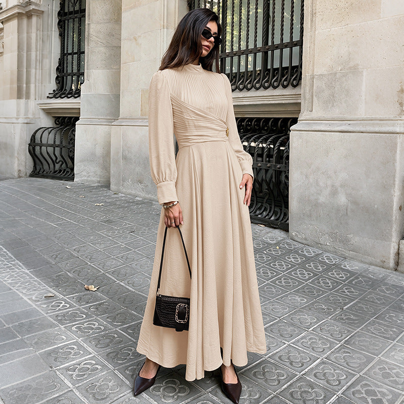 Damen Elegantes Maxikleid mit hochgeschlossenem Kragen und Rüschendetails Drune