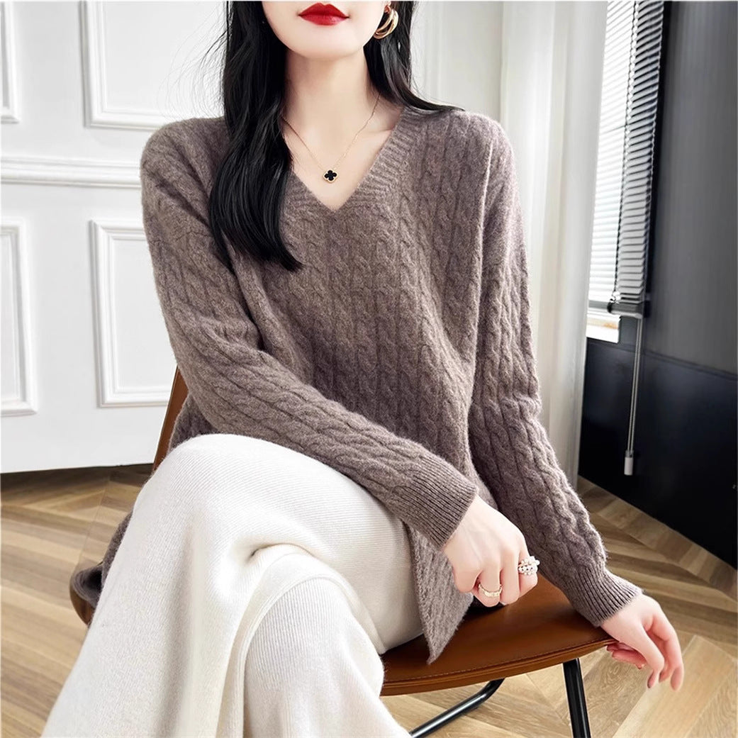 Damen Grobstrickpullover mit tiefem V-Ausschnitt und strukturierter Textur Drune