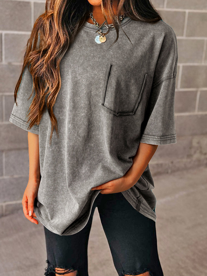 Damen lockeres T-Shirt mit praktischer Brusttasche Drune