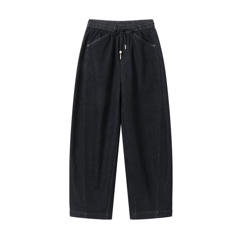 Damen weite Cropped-Denimhose mit elastischem Bund, Tunnelzug und Eingrifftaschen Drune