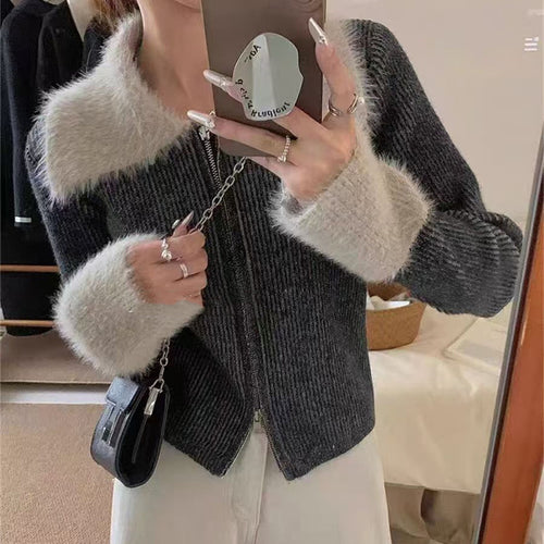 Damen Strickjacke mit luxuriösem Kragen und Reißverschluss Drune