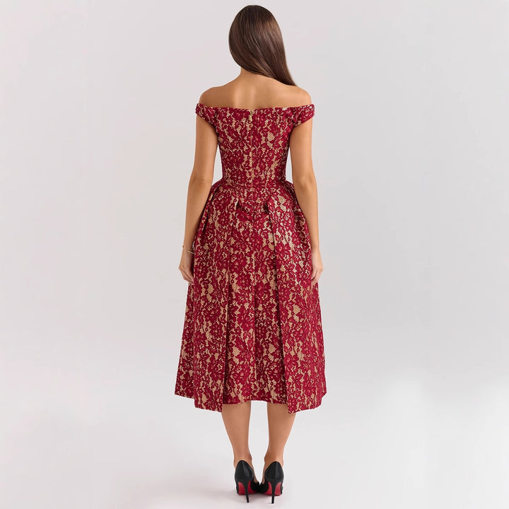 Damen Abendkleid mit schulterfreiem Design und exquisite Spitze Drune