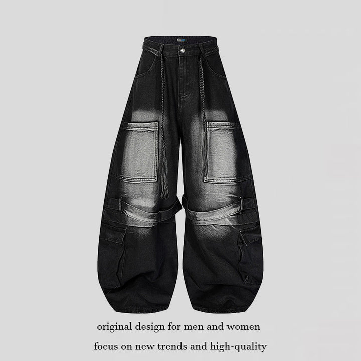 Damen Weite Denim-Cargo-Hose im Balloon-Schnitt mit großen Aufsatztaschen und geflochtenem Gürtel Drune