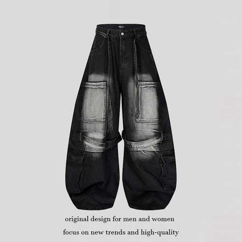 Damen Weite Denim-Cargo-Hose im Balloon-Schnitt mit großen Aufsatztaschen und geflochtenem Gürtel Drune