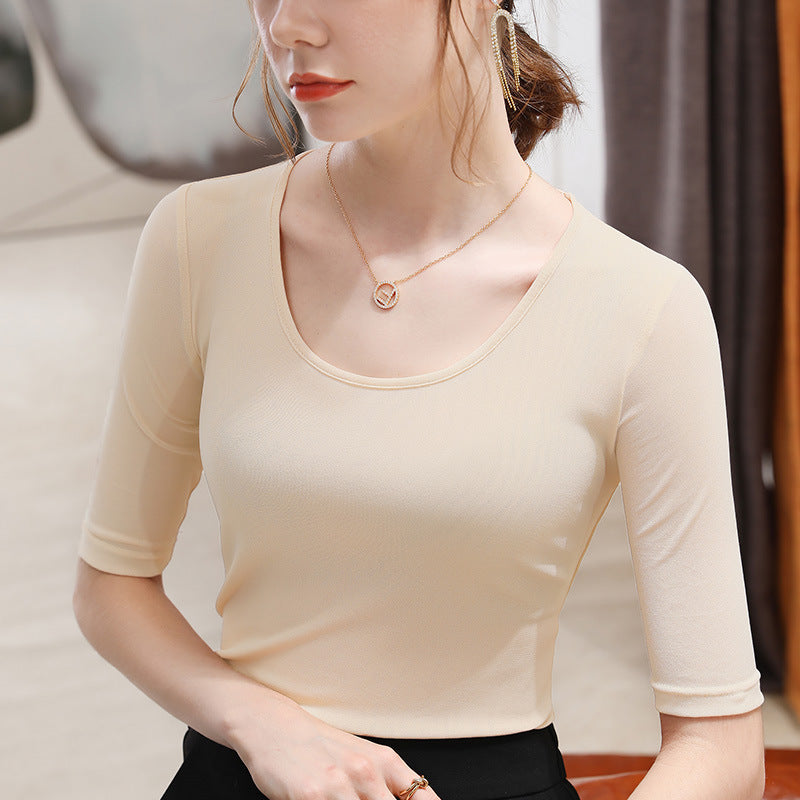 Damen T-Shirt mit elegantem Rundhalsausschnitt und feinen, transparenten Ärmeln Drune