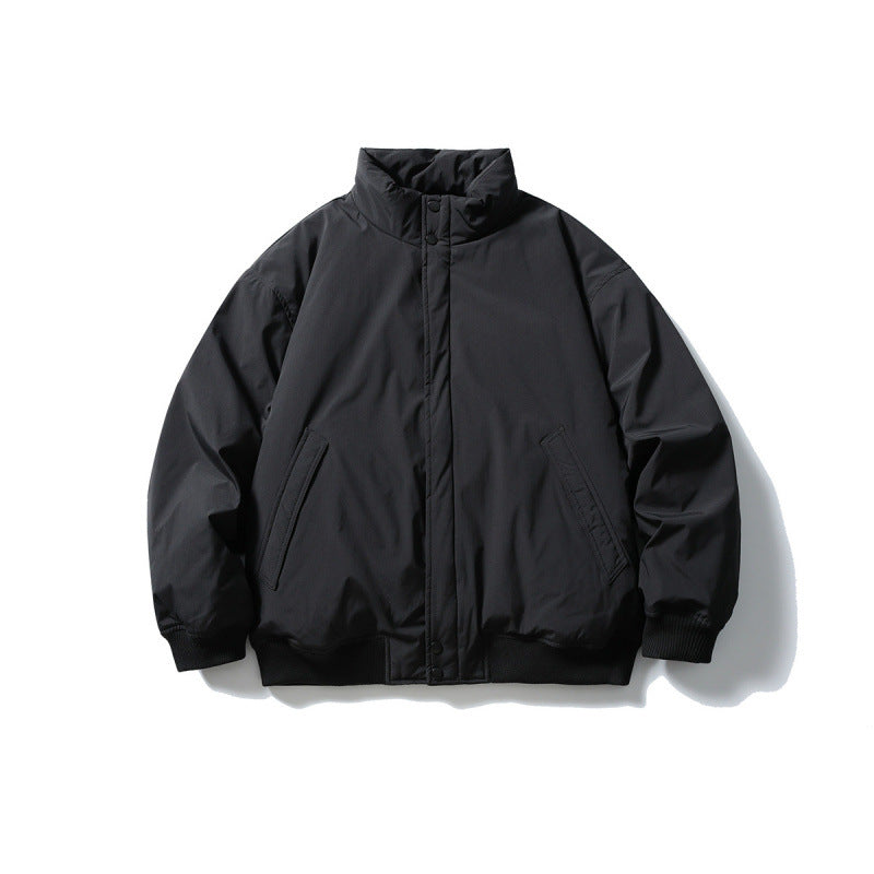 Unisex Kastig geschnittene wattierte Bomberjacke mit hohem Stehkragen und verdeckter Frontblende Drune