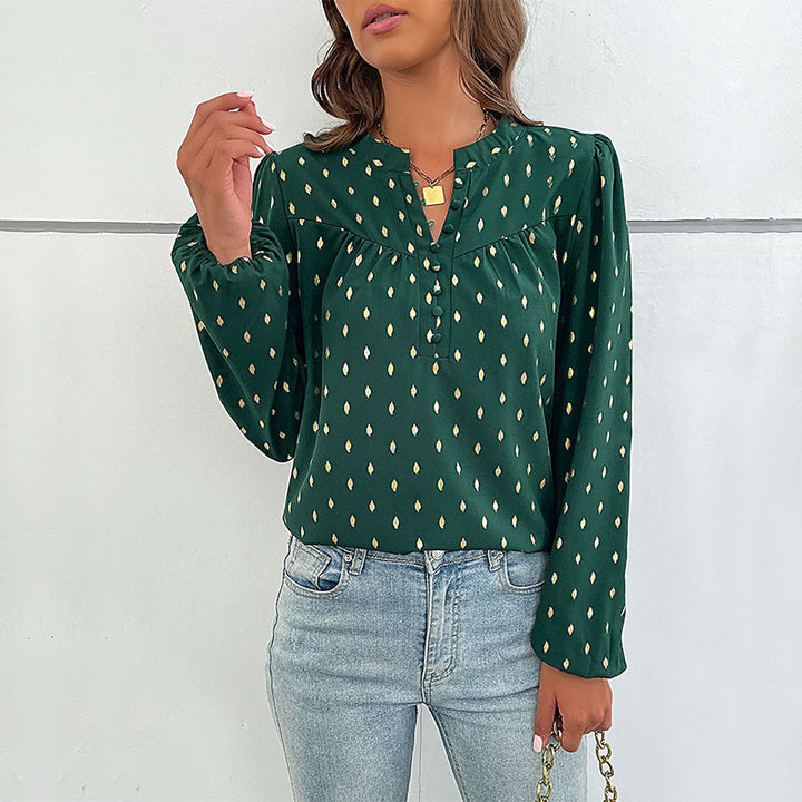 Damen Leichte Viskose-Bluse mit Stehkragen, Knopfleiste und feinem Tropfenprint Drune