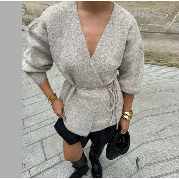 Damen eleganter Wickelstrickmantel mit Gürtel Drune